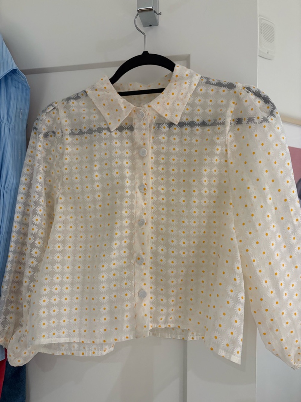 sheer daisy-print button-front blouse in white and yellow